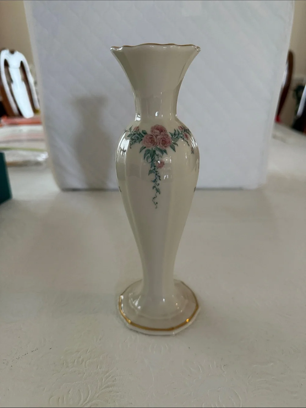 Lenox petite Rose Bud Vase with Pink Rose Motif and Gold trim